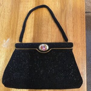 Elegant Vintage Freddy Black Caviar Beaded Handbag with Cameo and brass clasp